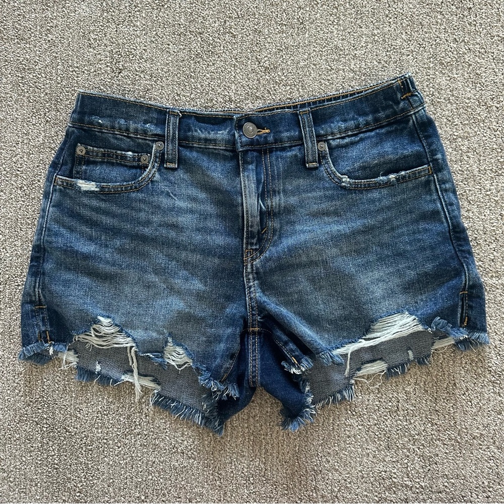 Aerie Denim Mom Shorts Distressed High Waisted Dark Wash‎ Size S